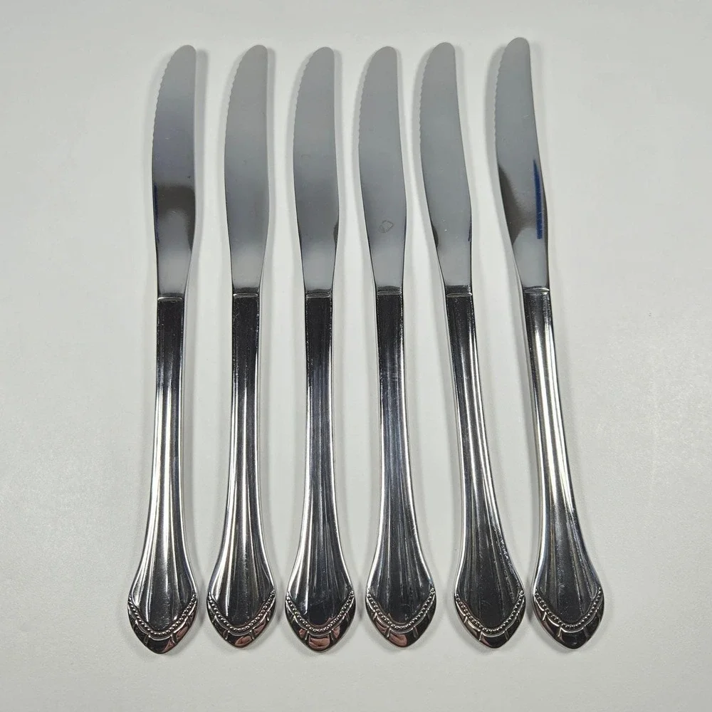 Oneida Marquette Dinner Knives Flatware Stainless Beaded Fan Handle Serrated 6